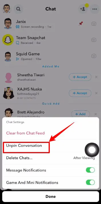 Snapchat Unpin conversation